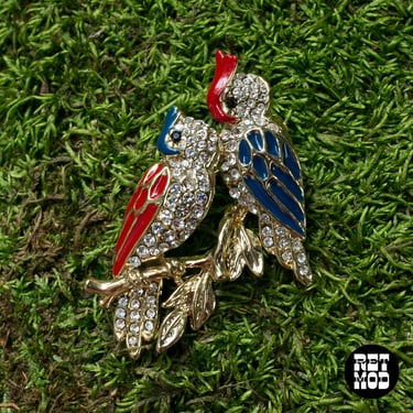 Vintage Rhinestoned Two Sweet Cockatoos on a Branch Brooch Pin 