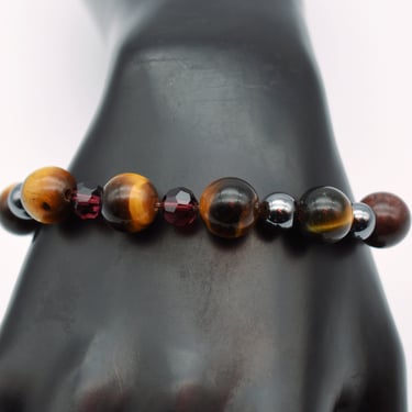 70's tigers eye tiger iron hematite & crystal sterling rocker, beaded 925 silver toggle clasp bracelet 