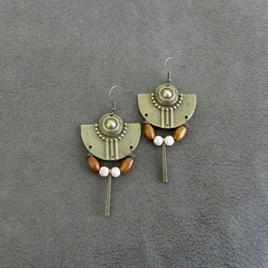 Large bronze and wooden southwest statement earrings 