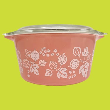 Vintage Pyrex Covered Casserole Retro 1950s Farmhouse + Gooseberry (White on Pink) + 473 + 1 Quart Ceramic Dish + Glass Lid + Kitchen + Cook 