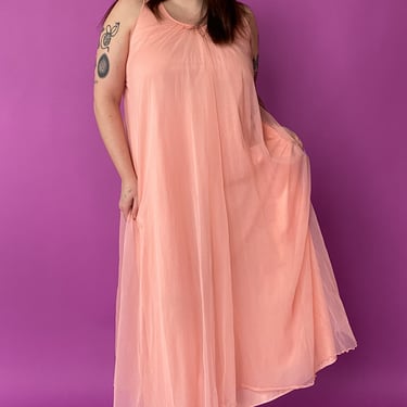 1960s Coral Pink Negligee, sz. XL