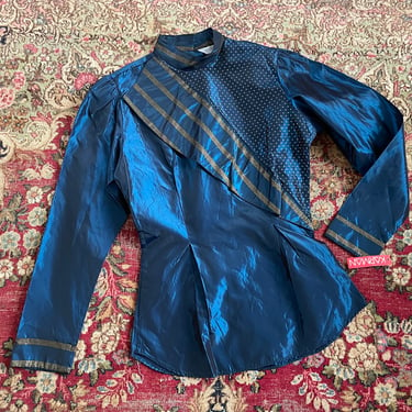 Vintage ‘80s Karman blue & gold lurex taffeta blouse | Western glam, swishy acetate blouse, S 