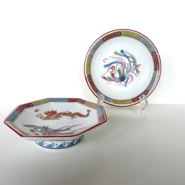 2 Nakazato Phoenix And Dragon Side Dishes From Japan, Vintage Pedestal Porcelain Dragonware Dishes 