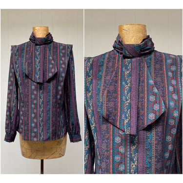 Vintage 1980s Jabot Blouse, 80s Long Sleeve Deep Jewel Tone Neo-Classical Print Top, Modest Office Attire, Small 
