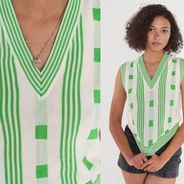 70s Sweater Vest White Green Striped Pullover Knit Shirt Geometric V Neck Sleeveless Sweater Square Print Acrylic Vintage 1970s Small S 