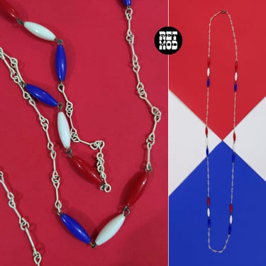 Lovely Vintage 60s 70s White Chain Long Necklace with Red, White, Blue Beads - Wear Long or Double Up 