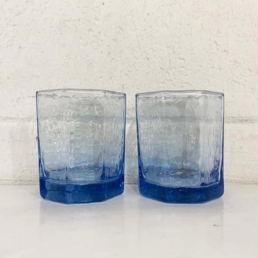 Vintage Anchor Hocking Old Fashioned Tumblers Set of 2 Rocks Glasses Barware Bar Blue Glass Woodgrain Highball 1960s 