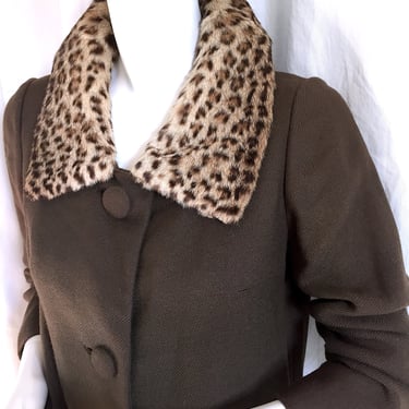 1960s LEOPARD Print Fur Jacket, Vintage Chore Coat, Chocolate Brown Wool Twill, 60s Barn Jacket, Norman Norell Ladylike, Stealth Wealth Chic 