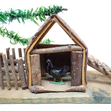 Antique German Twig Chicken House with Lead Hen,  Vintage Christmas Putz from Germany 