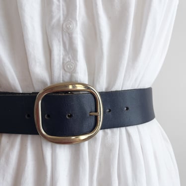 wide navy belt 80s 90s vintage blue leather statement waist belt 