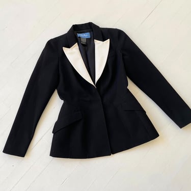 1980s Thierry Mugler Black + White Wool and Silk Tuxedo Jacket 