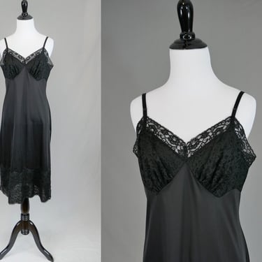 60s Black Slip - Lace Trim Full Nylon Dress Slip - Vanity Fair - Vintage 1960s - Size 36 Tall 