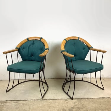 Pair Vintage Modern Iron and Oak Accent Chairs 