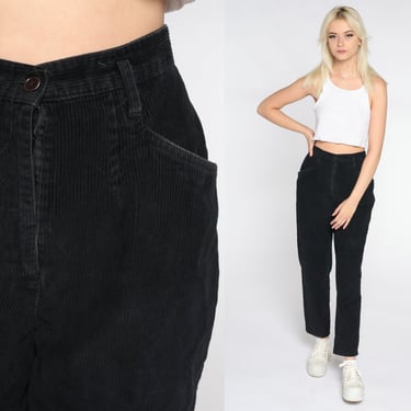 Black Corduroy Pants 80s Trousers High Waisted Pleated Tapered Pants 1980s Vintage Retro Straight Preppy Cords Basic High Waisted Small 27 