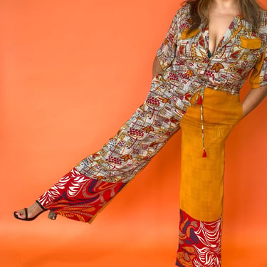 Modern Funky Gold and Red Patterned Jumpsuit, sz.L/XL