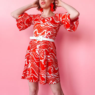 1960s Adele Simpson Red Abstract Pleated Dress, sz. S/M