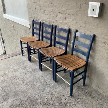 Set of 4 Vintage Blue Painted Slat Chairs