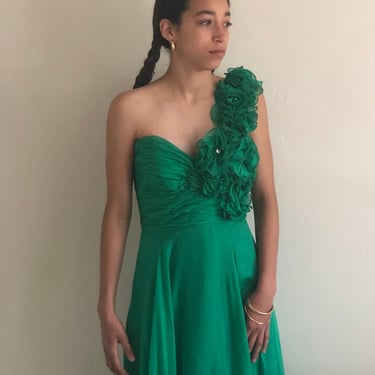 90s silk dress / vintage emerald green silk ethereal gauzy one shoulder long evening maxi dress | XXS size 0/2 