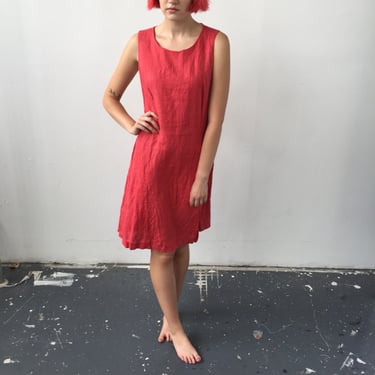 Vintage Watermelon Red Linen Shift Dress Size M 