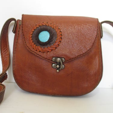 Boho Leather Purse, Vintage 1970s Brown Leather Crossbody Bag, Handmade 
