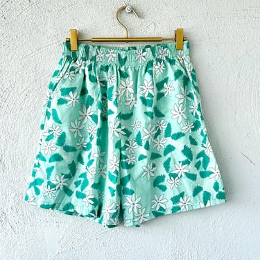 Vintage 80s 90s Hawaiian Floral Shorts Blue Hawaii Plumeria Floral High Waisted Shorts 