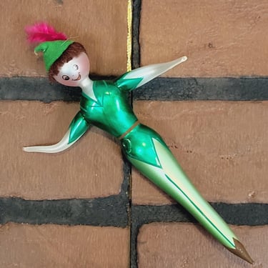VINTAGE: 1950s - Glittered Pixie Elf Ornament - Made in