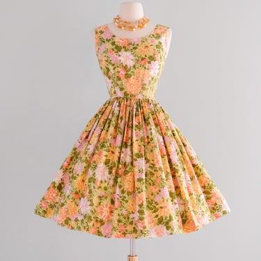 Glorious 1950's Green &amp; Gold Floral Cotton Sundress / S