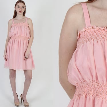 Vintage 60s Light Pink Barbiecore Dress / Bubblegum Pink Chiffon / Lattice Smocked Bridal Party Mini 
