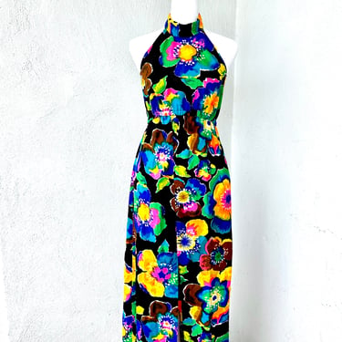 Vintage 60s 70s Hawaiian Rainbow Day Glo Floral Dress Hawaii Halter Dress 