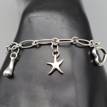 80's abstract sterling lucky charm bracelet, stylized 925 silver cornucopia figa star heart half moon on links 