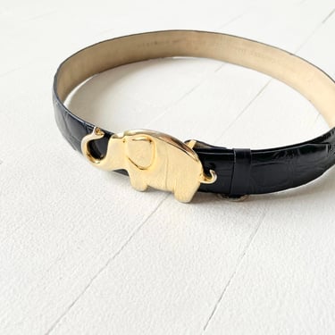 1980s Leather Belt with Gold Elephant Buckle 