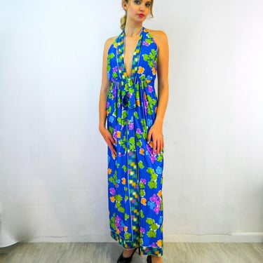 Vintage Oscar de la Renta Halter Dress   | 70s Floral Designer Maxi Dress | Size 8 