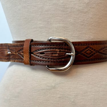 60’s- 70’s tooled leather belt with snap on/off buckle~ brown leather~ unisex rocker western~ Classic men’s semi wide belt / size LG 38 