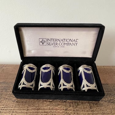 Vintage Silver Plated Cobalt Blue Salt & Pepper Shakers in Box by International Silver Company 