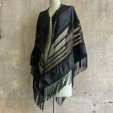 Antique Victorian Black Silk & Net Cape Fringe Beading Appliqué Blouse Dress Top