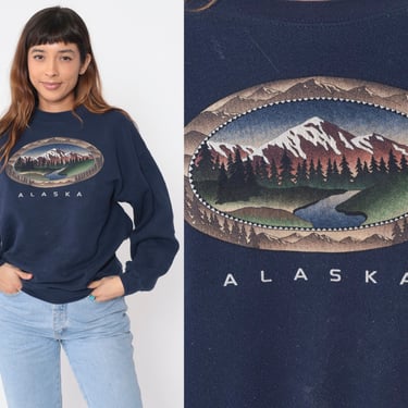Alaska Sweatshirt 90s Navy Blue Mountain Sweatshirt Destination Travel Crewneck Slouchy 1990s Retro Nature Shirt Vintage Tultex Large l 