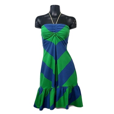 Vintage Ralph Lauren Rugby Halter Dress, Blue Green Striped Chevron Print, Sporty & Rich Cotton Ruffle Hem, Made In Hong Kong, 1980s 1990s 