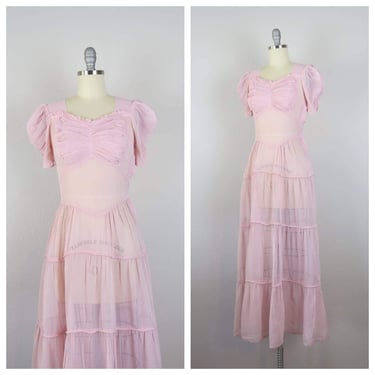Vintage 1930s dress, gown, maxi, sheer, formal, evening, tiered 