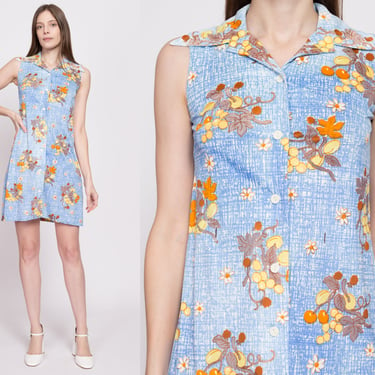 XS 60s 70s Blue Floral & Fruit Print Mini Dress Petite | Vintage Sleeveless Button Front Boho Sundress 