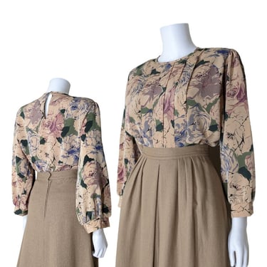 Vintage Floral Pleated Blouse, Medium Large, Blouson Cut 1940s Style Pastel Blouse with Keyhole Back 