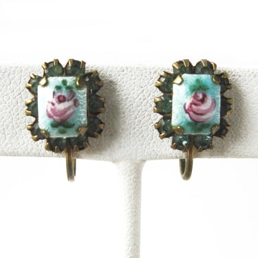 Vintage Guilloche Enamel Rose Earrings with Sparkly Blue Rhinestones / Petite Gold Tone Metal / Screw Back / Costume Jewelry / Gift for Her 