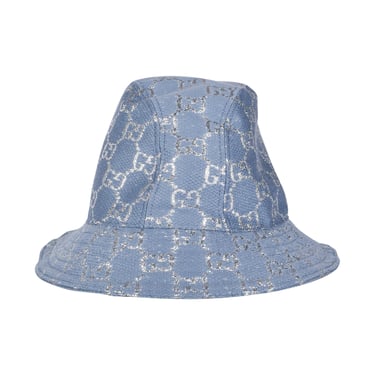 Gucci Chambray Blue Canvas Silver Metallic GG Logo Monogram Bucket Hat