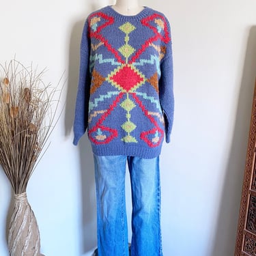 Vintage 90's Abstract Wool Sweater, Oversized Style, L 