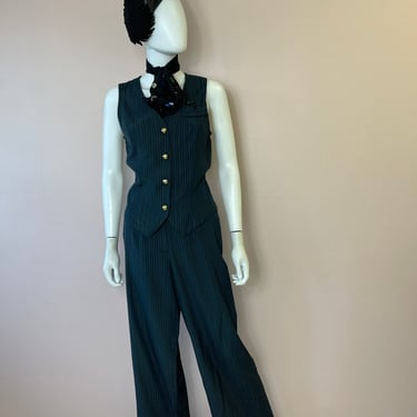 Vtg 1990s Forest Green Pinstripe Jumpsuit / Vest and Trouser Set 