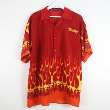 vintage y2k FLAMES red & yellow silky oversize boxy SWINGERS style vintage guy fieri shirt -- size xl 