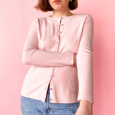 1990s Light Pink Beaded Cardigan Sweater, sz. S