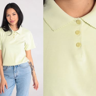 Pale Green Polo Shirt -- Vintage Y2K Half Button Up Shirt Banded Hem Top Pastel Collared 00s Slouch Short Sleeve Large Petite L 
