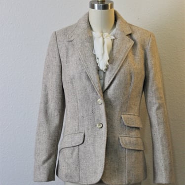 Vintage 70s 1980s Tan tweed blazer jacket with Leather Arm Patches David Benjamin // US 0 2 4 xs s 