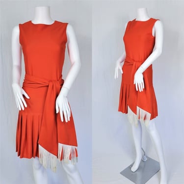1960's Orange Poly Mini MOD Pleated Skirt Dress I Fringe Sash I Sz Med 