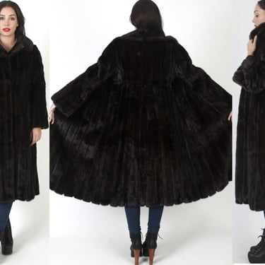Full Length Mahogany Mink Coat, Vintage 80s Striped Ranch Fur Overcoat, Long Luxury Princess Jacket 